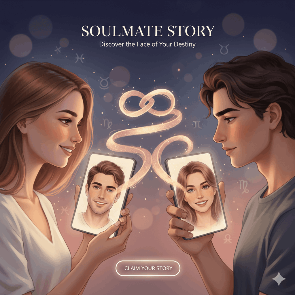 High-resolution Soulmate Story digital drawing and astrological personality profile for manifesting a true soulmate connection.