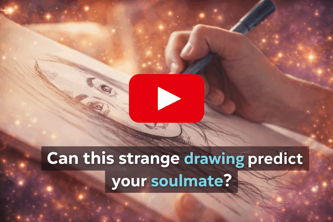 A printed Soulmate Story partner sketch placed on a manifestation altar next to crystals and a gratitude journal